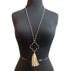 Gold Clover Pendant Necklace With Tassel & Beaded Chain